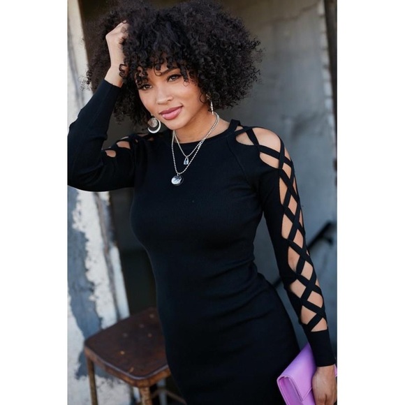 Lattice Cutout Sleeve Ribbed Knit Bodycon Mini Dress - Picture 3 of 7